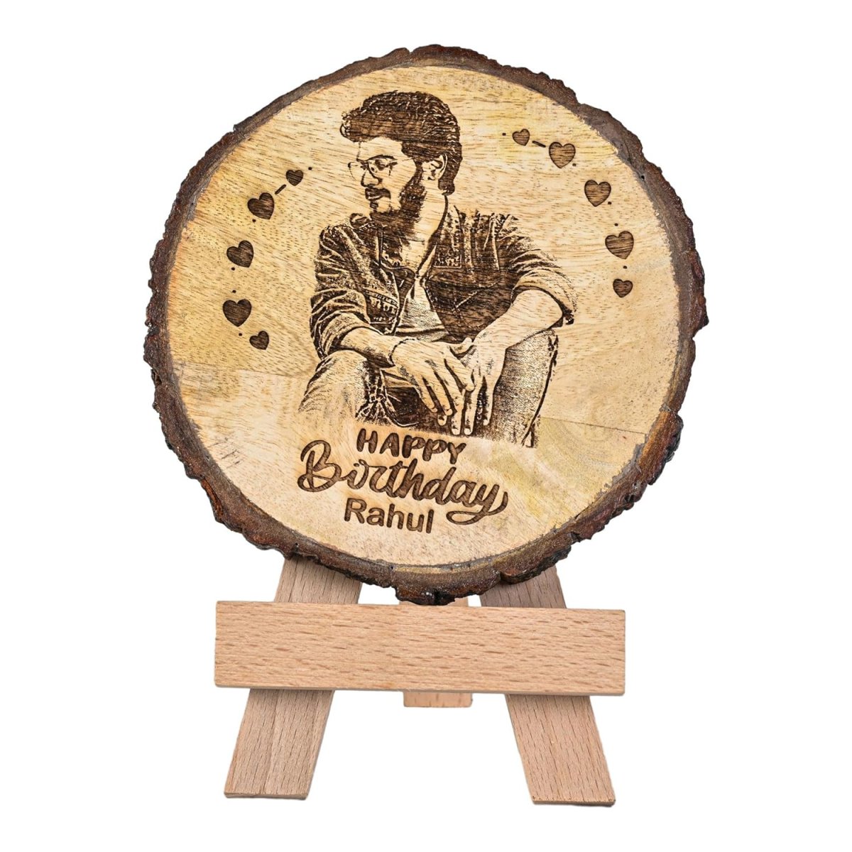 Giftanna Customize Engraved Natural Slice Wooden Round Photo Frame Personalized Photo Gift For Birthday Wedding Real Wood Plaque With Wood Stand Tabletop 55x55 Inches