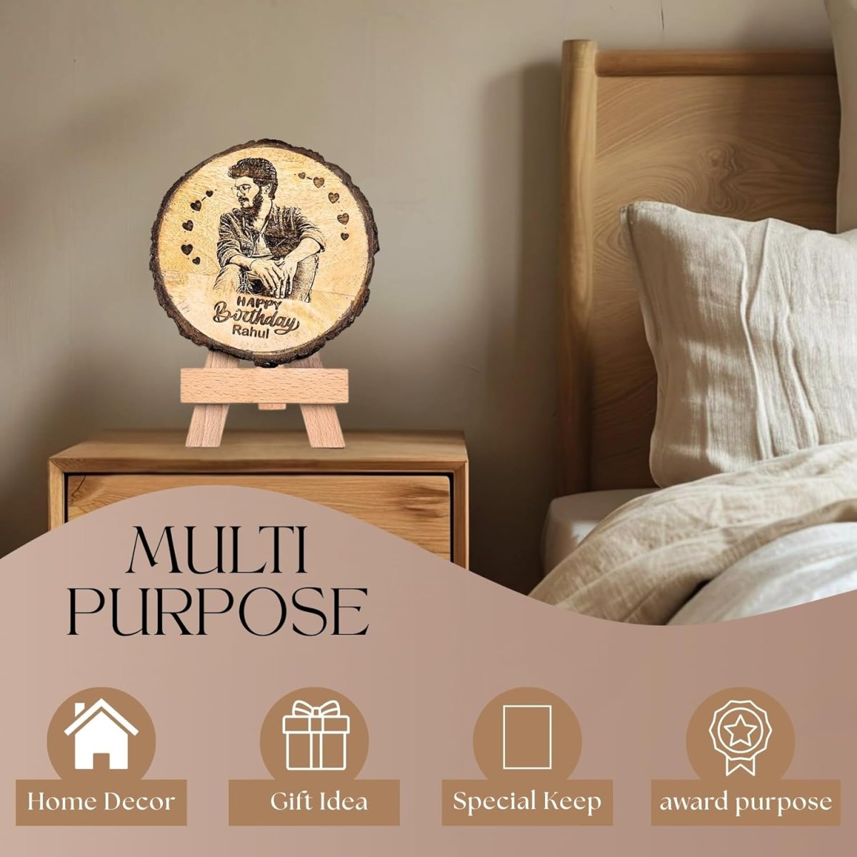 Giftanna Customize Engraved Natural Slice Wooden Round Photo Frame Personalized Photo Gift For Birthday Wedding Real Wood Plaque With Wood Stand Tabletop 55x55 Inches