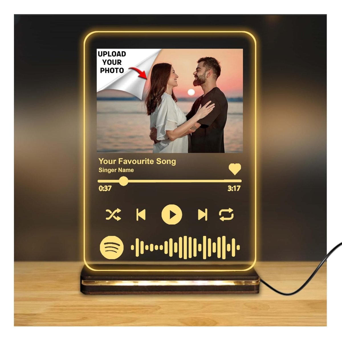 Savri Personalized Spotify Photo Frame With Led Light Wooden Stand  Custom Music Plaque With Picture  Song Code  Customized Tabletop Photo Gift For Birthday Anniversary  Valentines Day 6x8 Inch
