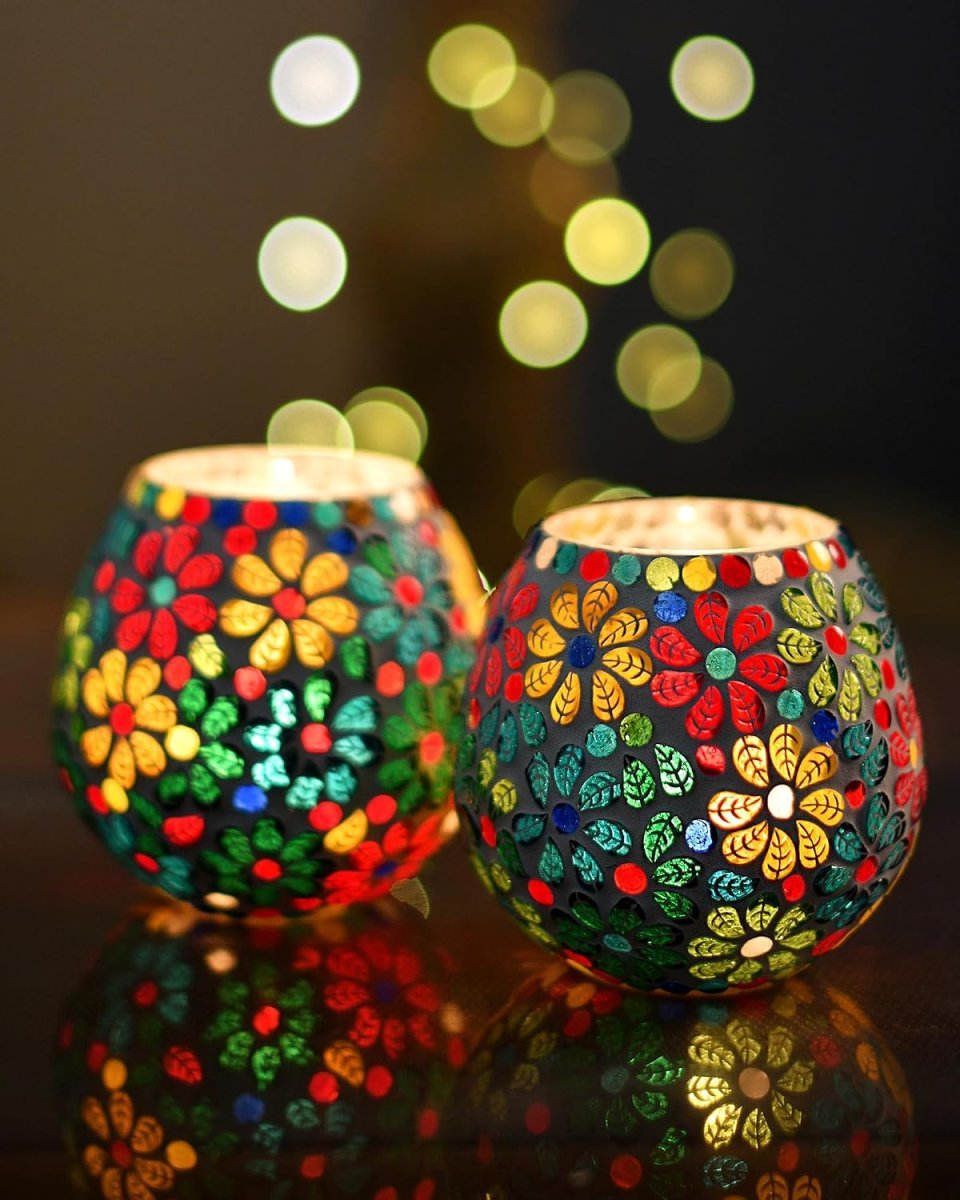 Homesake Tealight Candle Holders For Home Decor Mosaic Glass Flowers Decorations For Home Item For Diwali Festival Home Decor Item