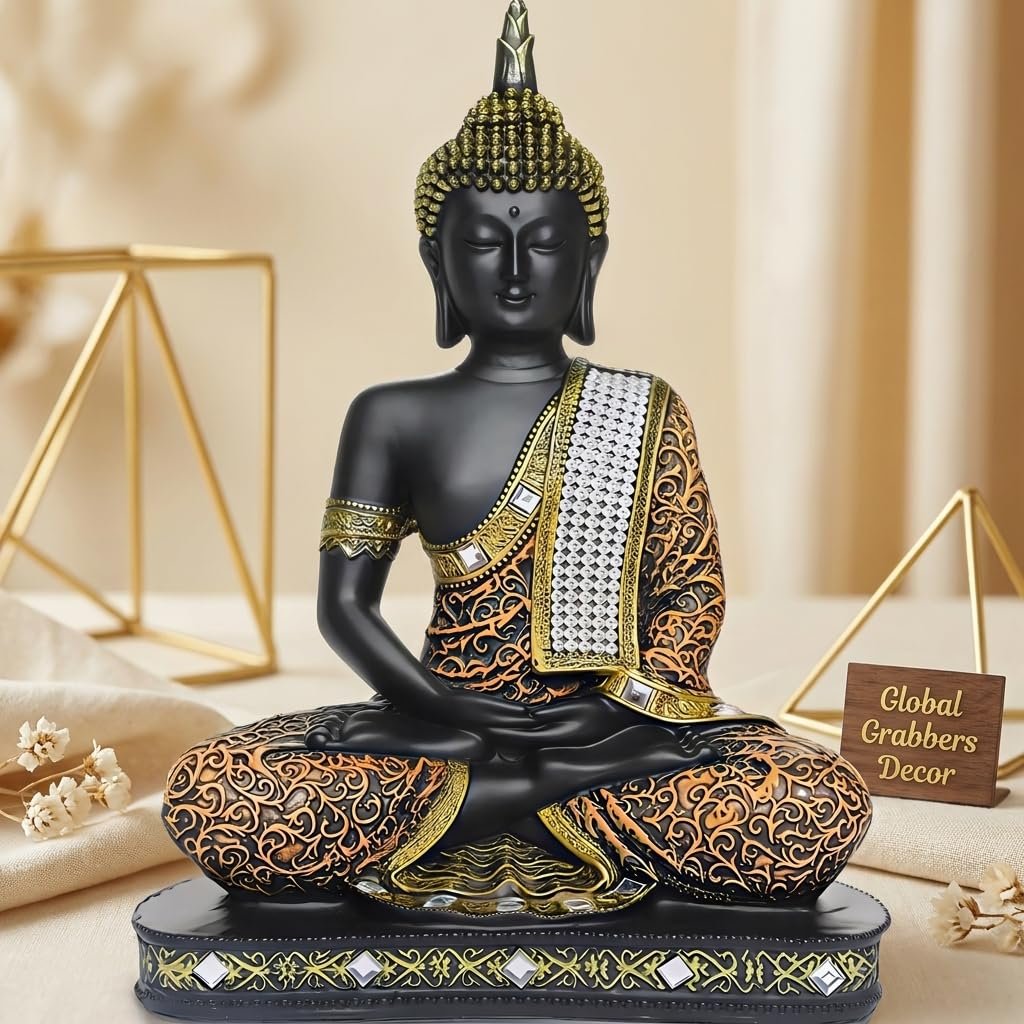 Global Grabbers New Limited Edition 25 Centimetre Meditating Sitting Buddha Idol Statue Showpiece Home Decor Decoration Items For Living Room And Gifts 1 Orange Black