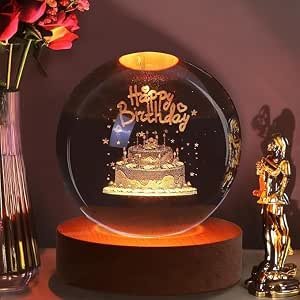 Desidiya 3d Crystal Happy Birthday Lamp Engraved Crystal Ball Led Night Light With Wooden Base  Usb Powered Glass Ball Led Night Light Table Lamp For Kids Room Teens Home  Office Decorwarm White