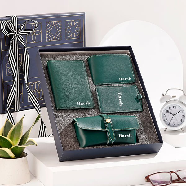 Personalized Green Leather Travel Accessory Set For Him
