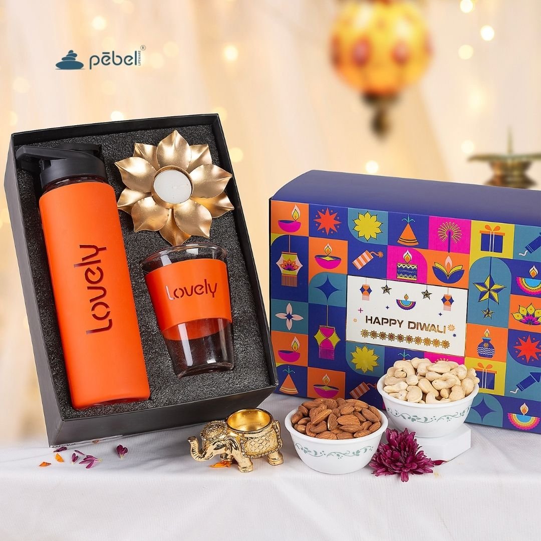 Personalized  Glass Bottle  Viral Glass With Golden Lotus Diya  Diwali Gift Hamper