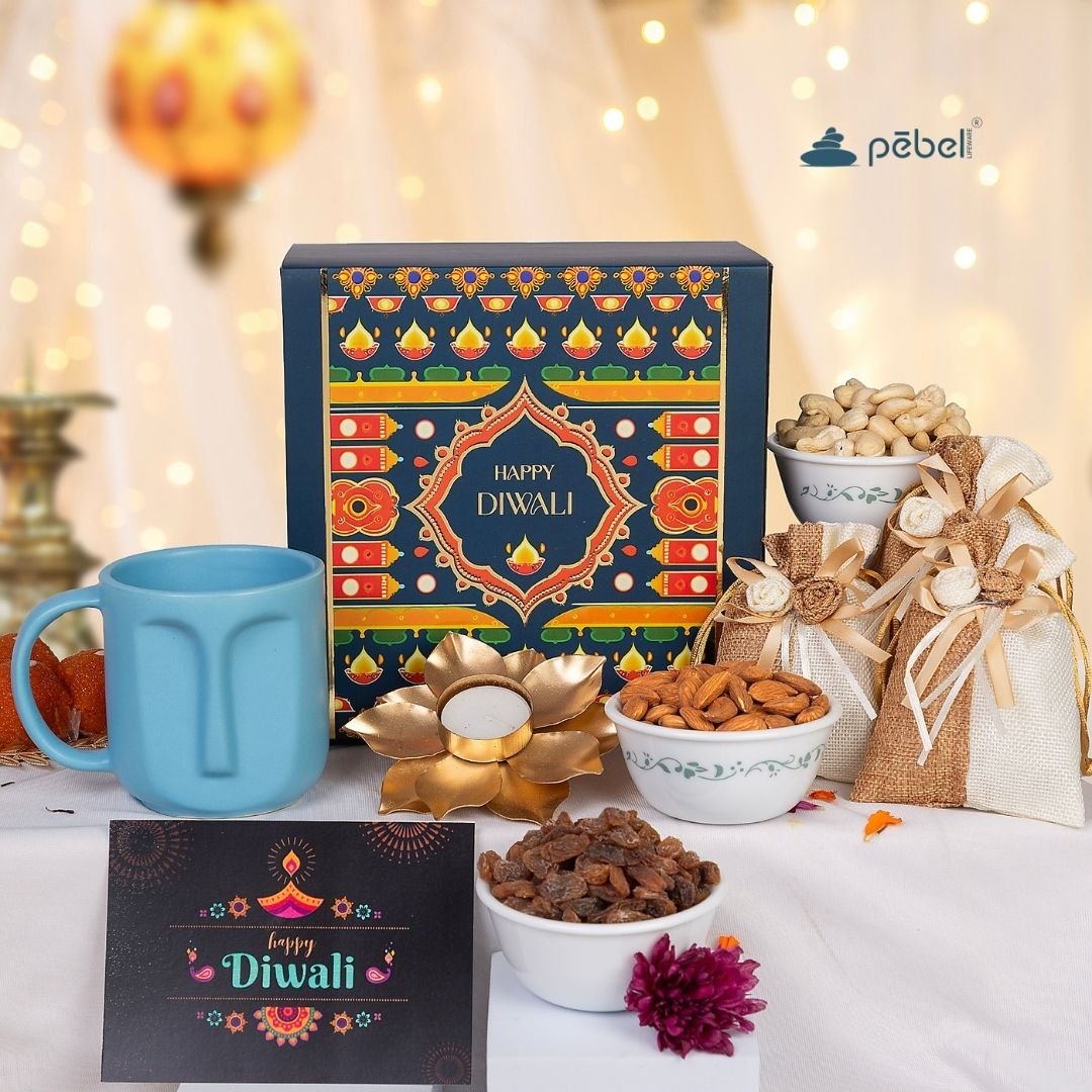 Personalized Artistic Mystic Ceramic Mug With Dry Fruits  Golden Diya  Diwali Gift Hamper