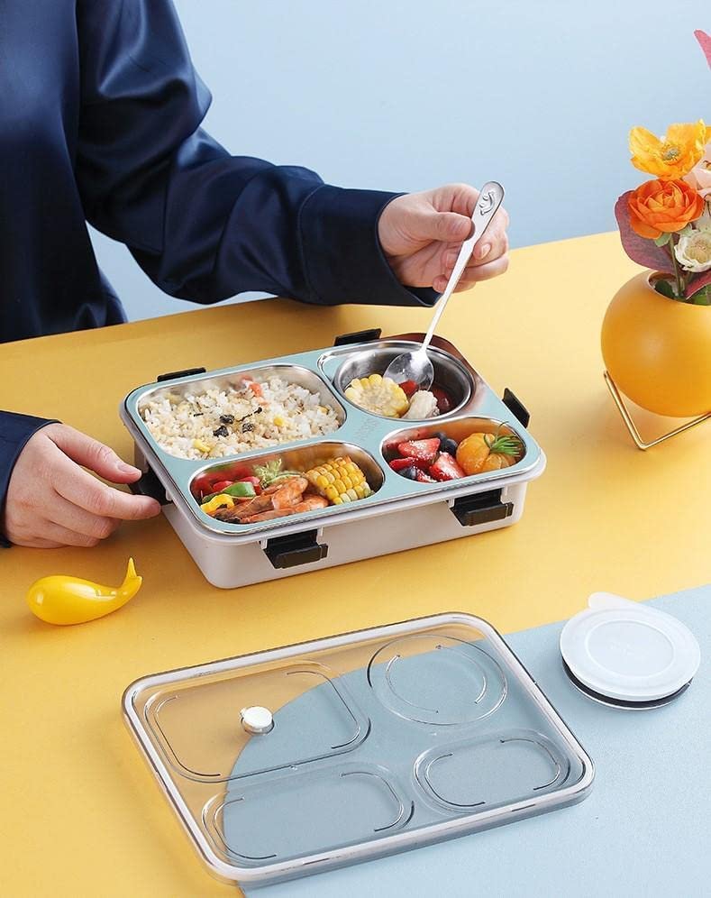 Bento Customized Steel Lunch Box  4 Compartments  Food Container Chopstick  Spoon  Leakage Proof