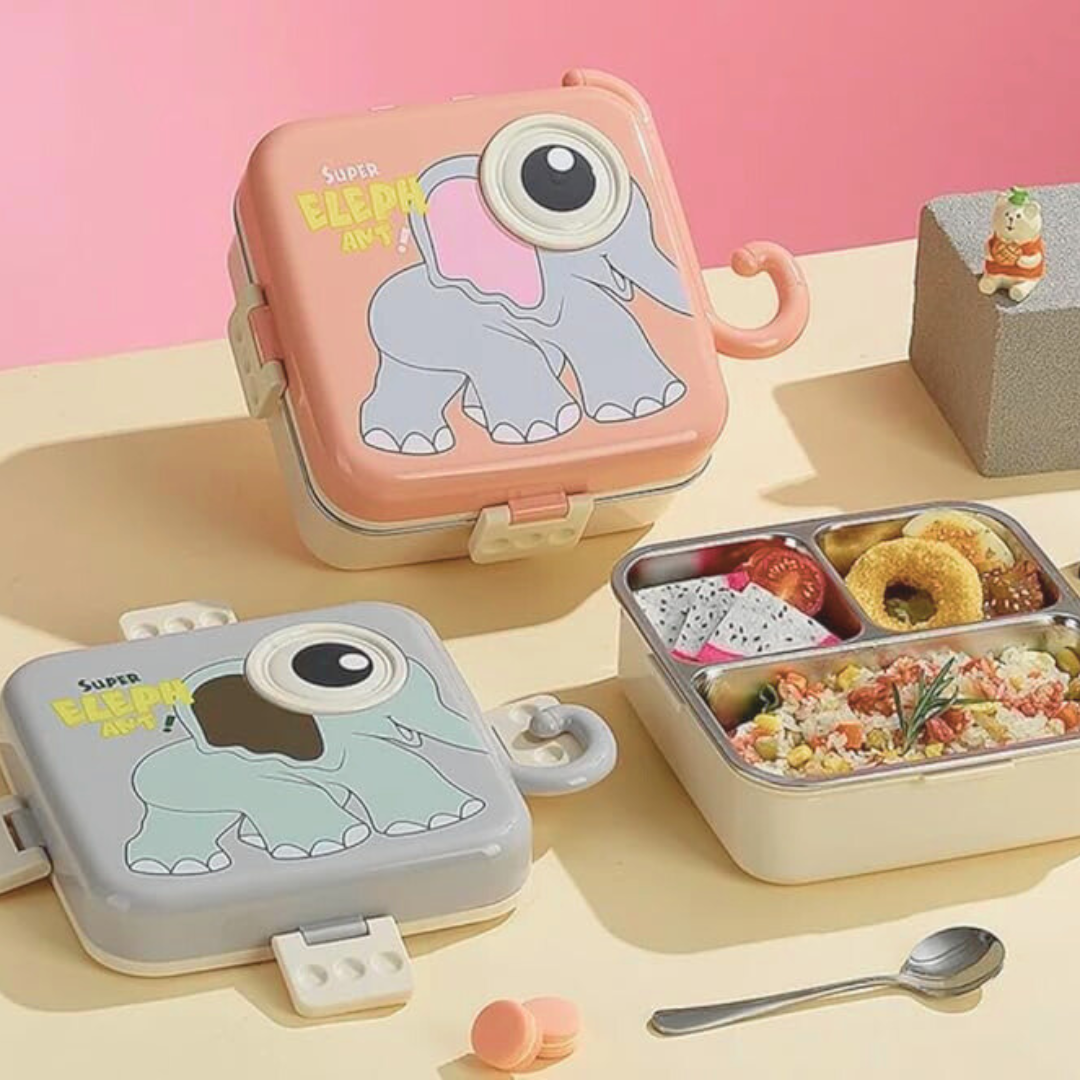 Elephant Design Customized Bento Steel Lunch Box  3 Compartments  Food Container With Spoon  Leakage Proof