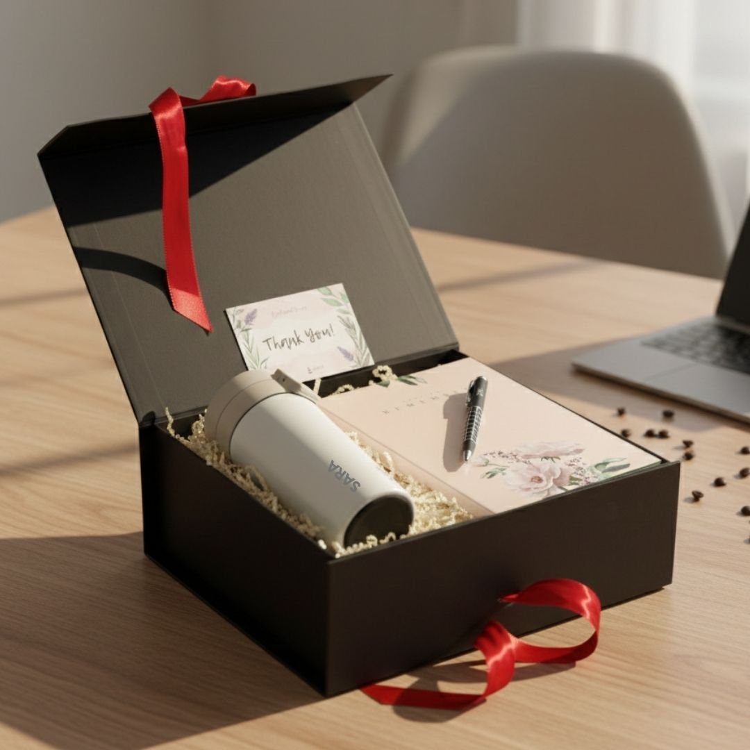 Thoughtful Hamper  Thermos Flask  Stainless Steel Travel Mug  Colourful Notebook  Pen