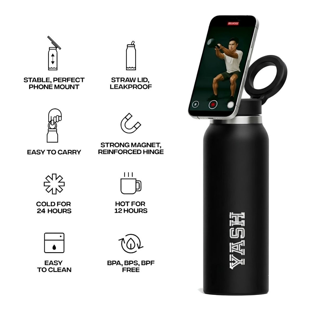 Magsafe Personalized Insulated Steel Bottle  Magnetic Phone Tripod Mount Bottles
