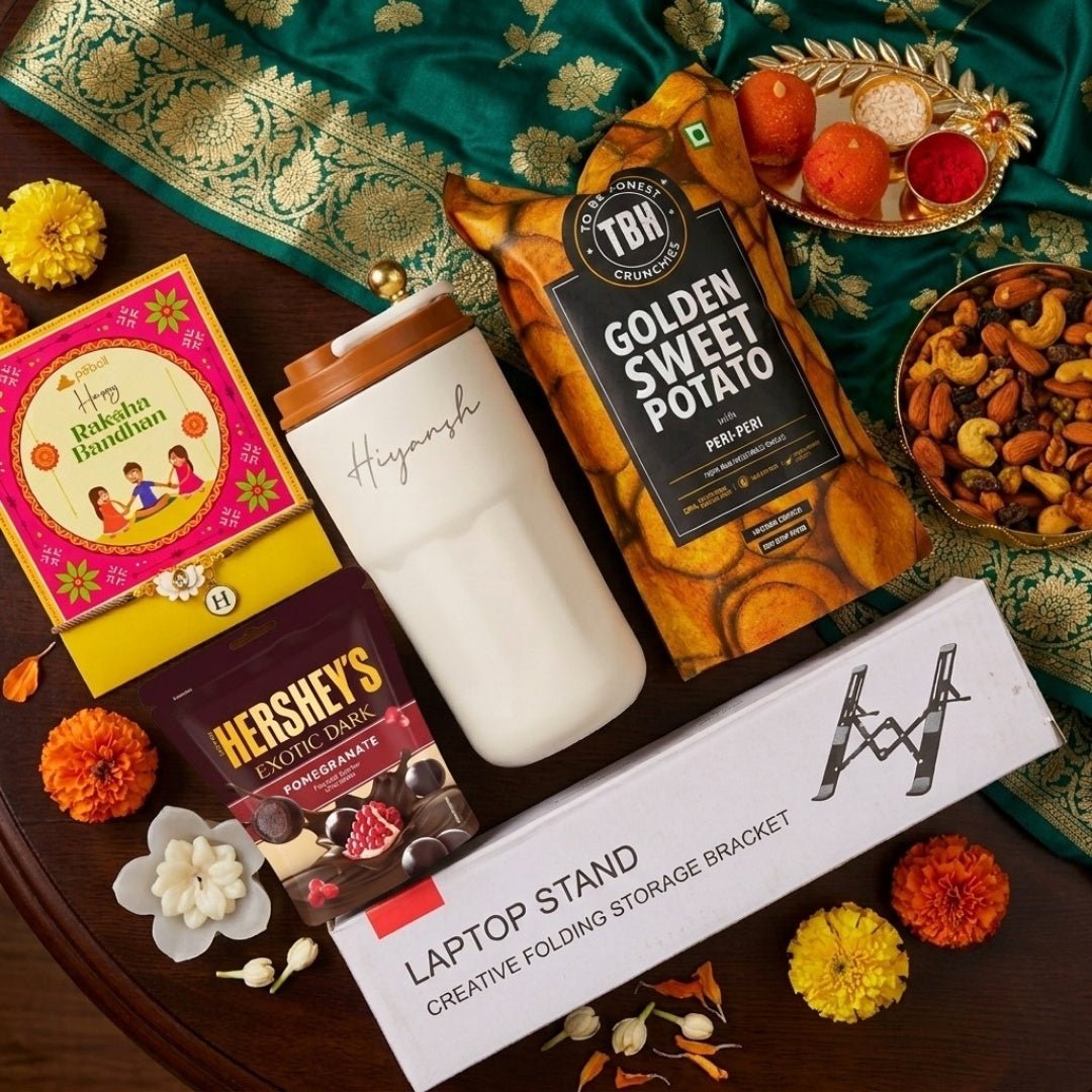 Coffee Lover Rakhi Gift Hamper For Brother  Insulated Mug Laptop Stand Coffee  Munchies