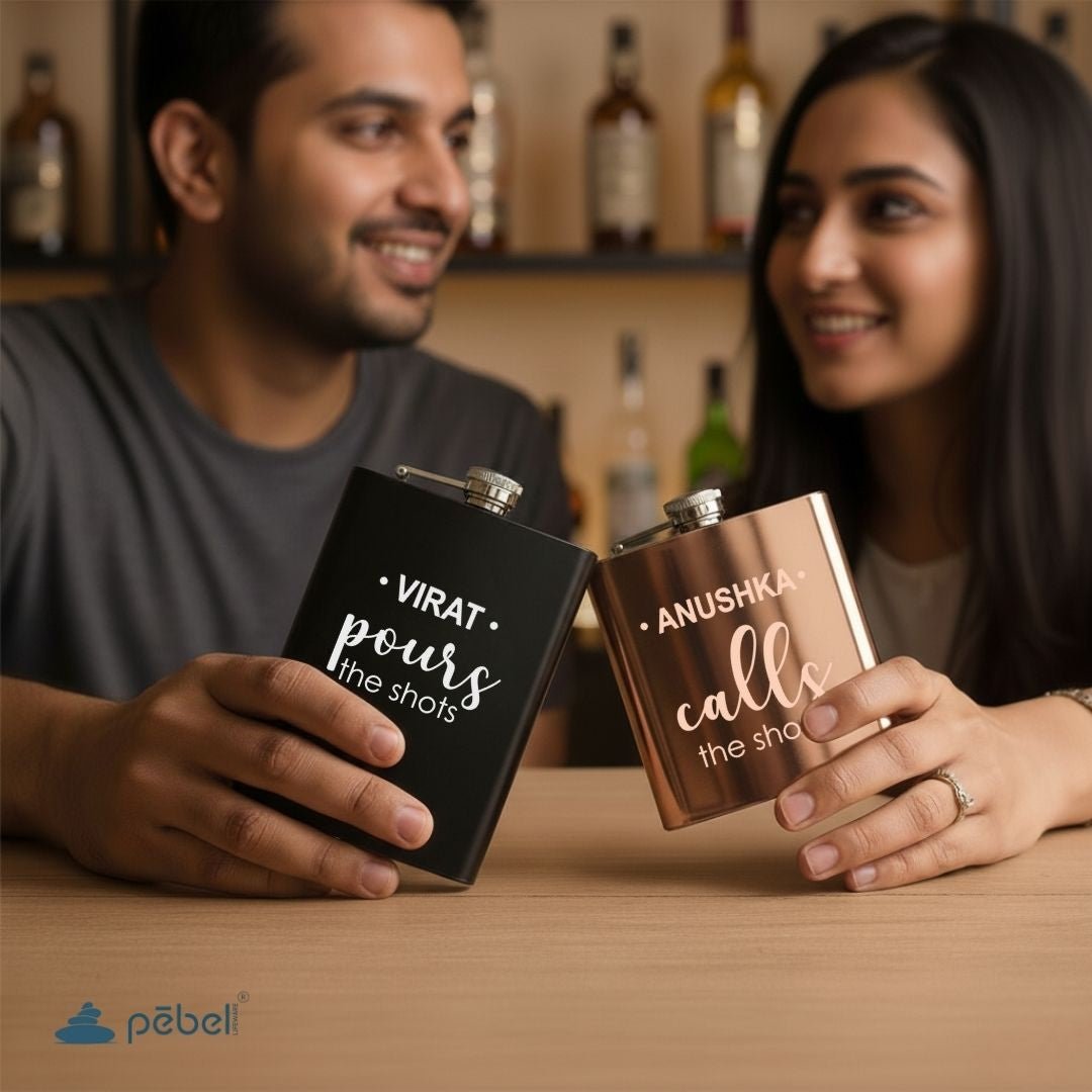 Rose Gold  Matt Black Stainless Steel Couple Hip Flask  Set Of 2