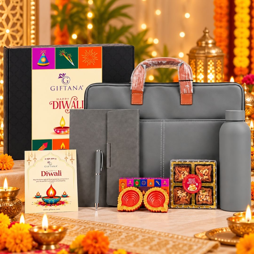 Diwali Business Gifts  Grey Laptop Bag Set With Planner Bottle Baklava  Diyas