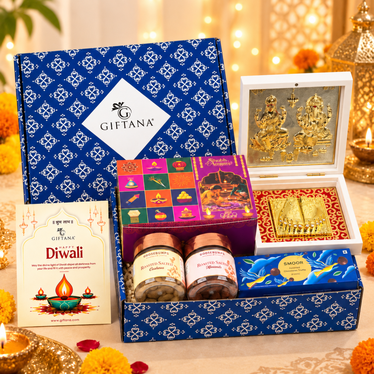 Diwali Gift Hamper  Shubh Aangan With Laxmi Ganesh Charan Premium Dry Fruits  Smoor Chocolate