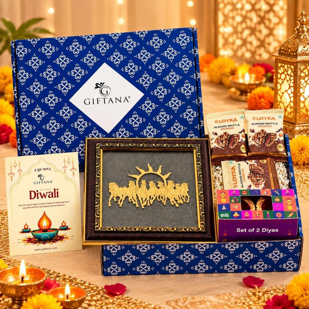 Diwali Festive Hamper  Surya Rath Decorative Plaque With Almond Brittle  Diyas