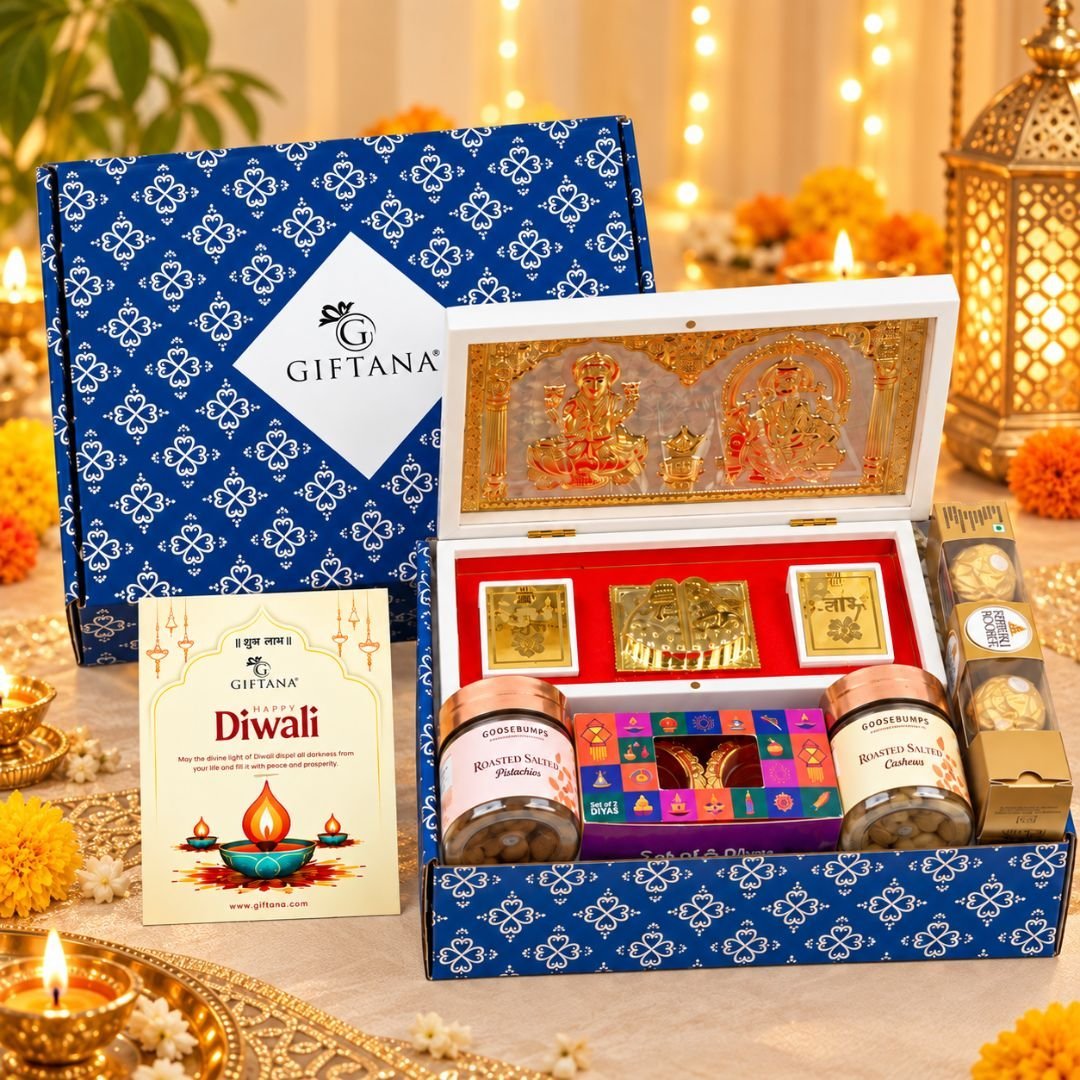 Premium Diwali Gifts  Grand Laxmi Ganesh Charan Hamper With Dry Fruits Ferrero  Diyas