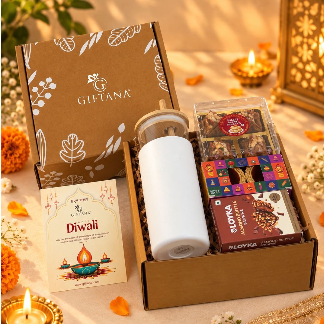 Premium Ecofriendly Diwali Gift Hamper With Sipper Baklawa  Almond Brittle