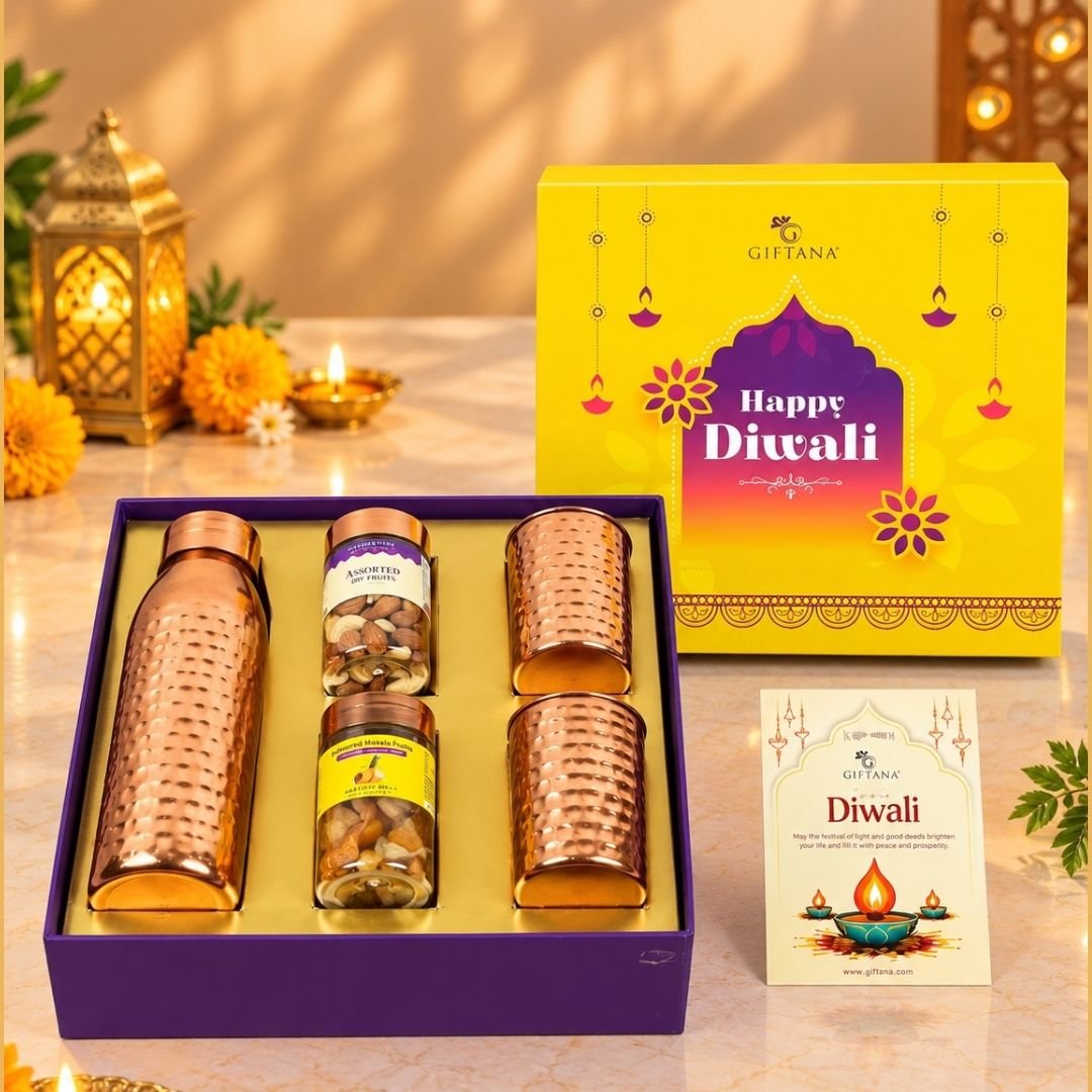 Copper Dry Fruit Diwali Hamper With 750ml Bottle Glasses  Assorted Nuts