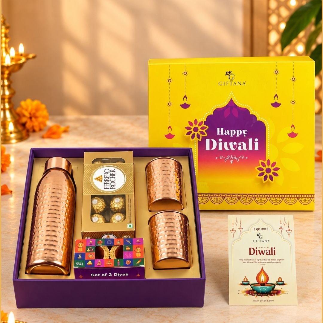 Premium Copper Diwali Gift Set With Bottle Glasses  Ferrero Rocher