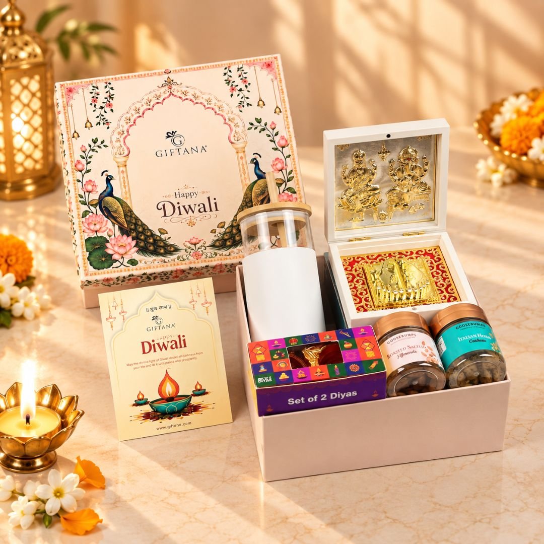 Festive Grace  Diwali Gift Box With Tumbler Dry Fruits  Diyas